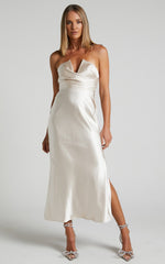 Jaslynn Midi Dress - Strapless V Neck Satin Dress in Champagne