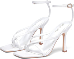 Elisabet Tang Womens Square Toe Heeled Sandals,4.3 inch Square Toe Thong Strappy Ankle Strap Stiletto Heel Sandals Wedding Dress Party Shoes