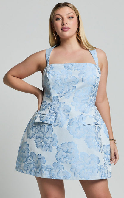 Kyra Mini Dress - Square Neck Open Back Jacquard Mini Dress in Light Blue