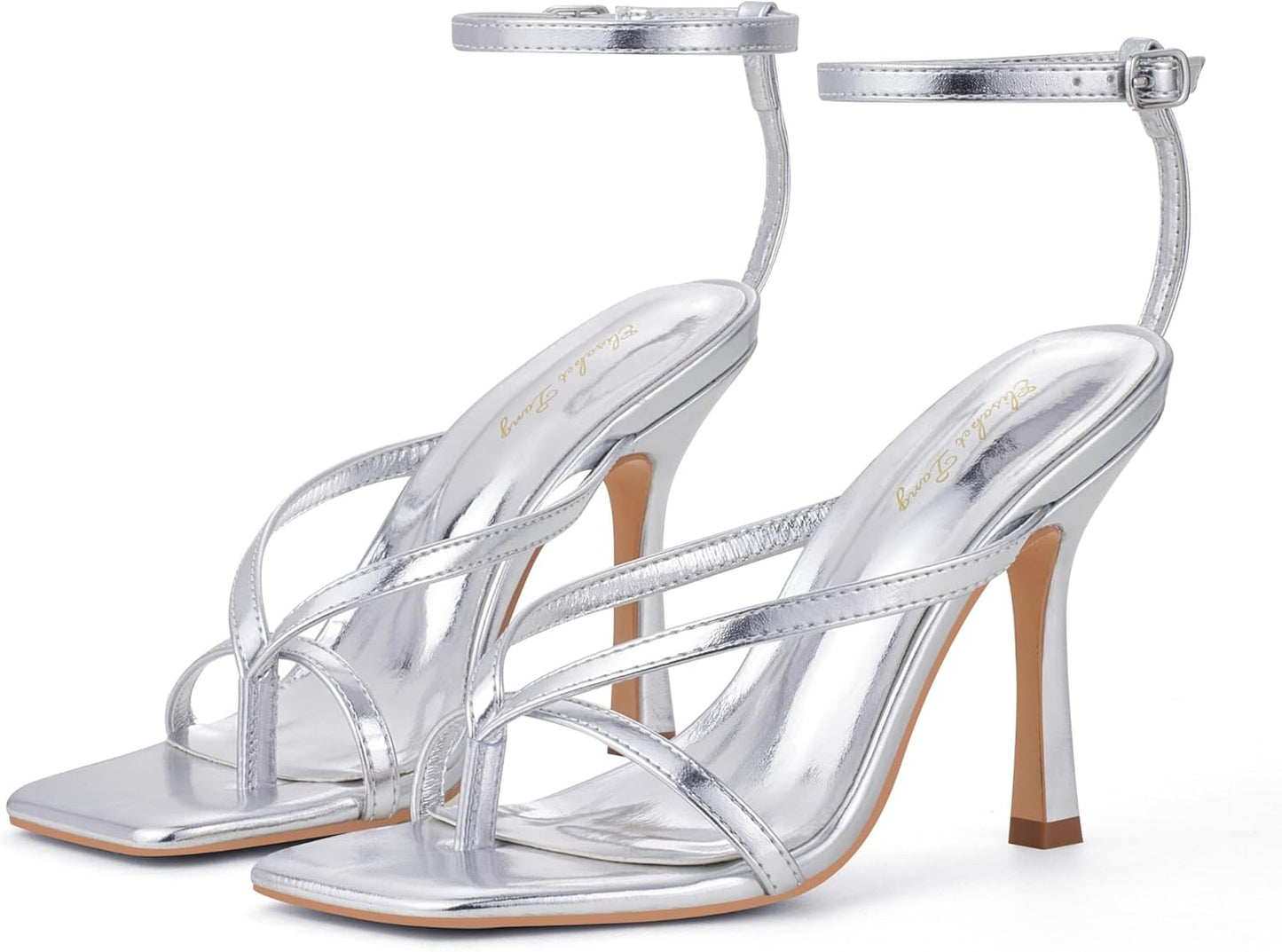 Elisabet Tang Womens Square Toe Heeled Sandals,4.3 inch Square Toe Thong Strappy Ankle Strap Stiletto Heel Sandals Wedding Dress Party Shoes