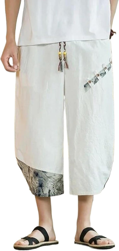 Japanese Cotton Linen Harem Pants Mens Summer Print Cropped Pants Men's Casual Elastic Waist Trousers