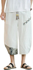 Japanese Cotton Linen Harem Pants Mens Summer Print Cropped Pants Men's Casual Elastic Waist Trousers