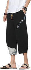 Japanese Cotton Linen Harem Pants Mens Summer Print Cropped Pants Men's Casual Elastic Waist Trousers