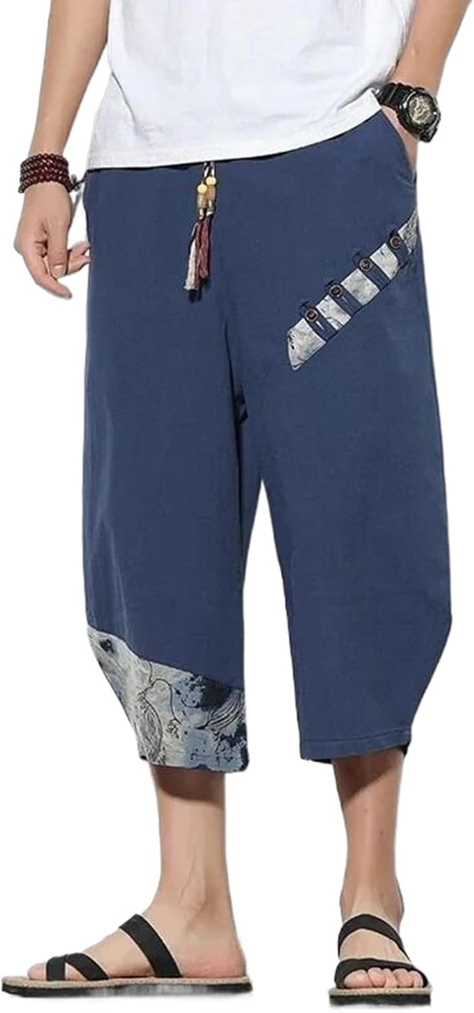 Japanese Cotton Linen Harem Pants Mens Summer Print Cropped Pants Men's Casual Elastic Waist Trousers