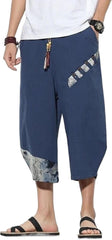 Japanese Cotton Linen Harem Pants Mens Summer Print Cropped Pants Men's Casual Elastic Waist Trousers