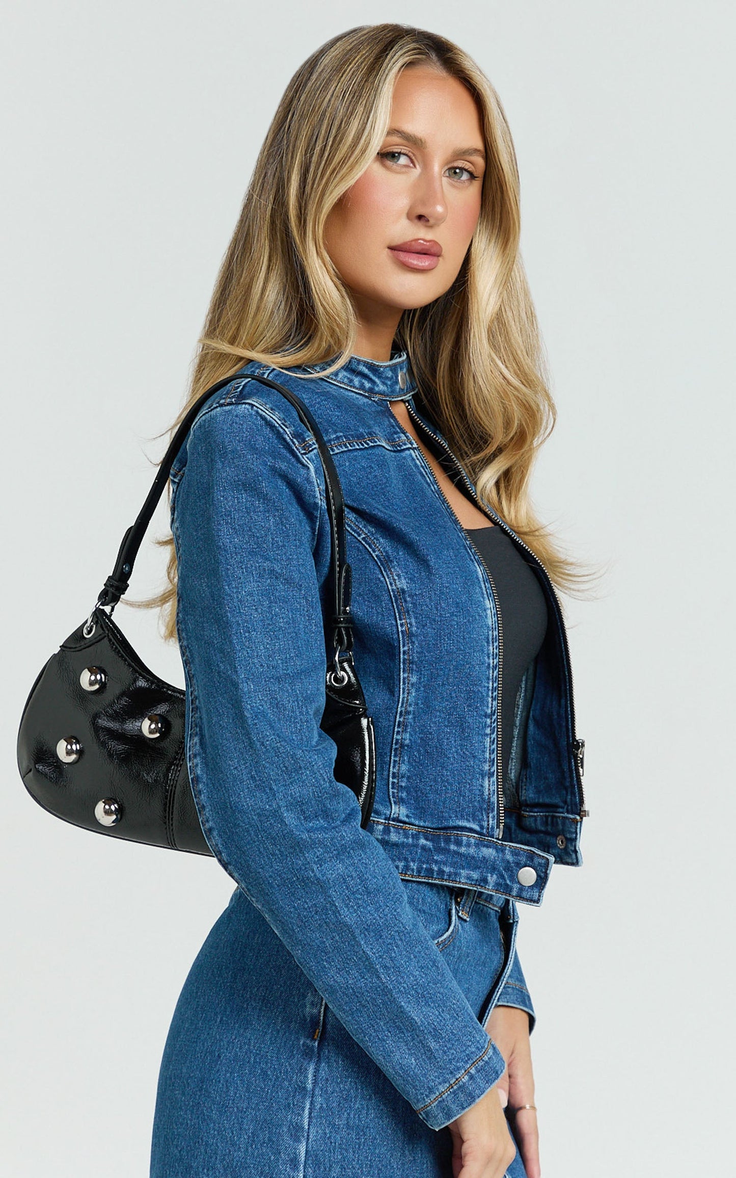 Laine Bag - Hardware Studded Vinyl Shoulder Bag in Black