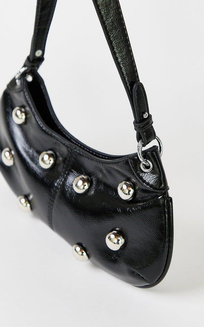 Laine Bag - Hardware Studded Vinyl Shoulder Bag in Black