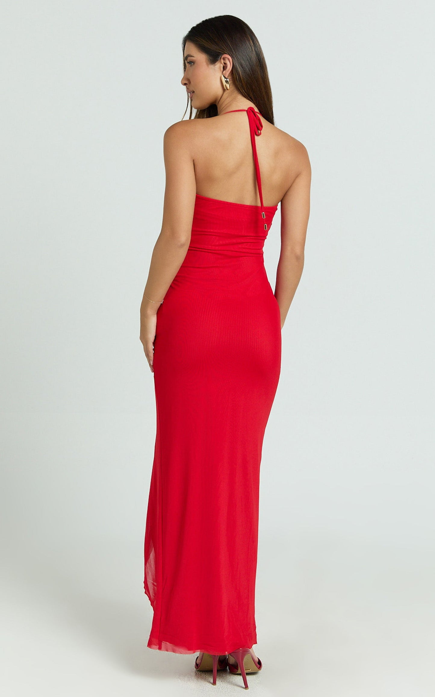 Silvana Maxi Dress - Halter Ruched Side Split Dress in Red