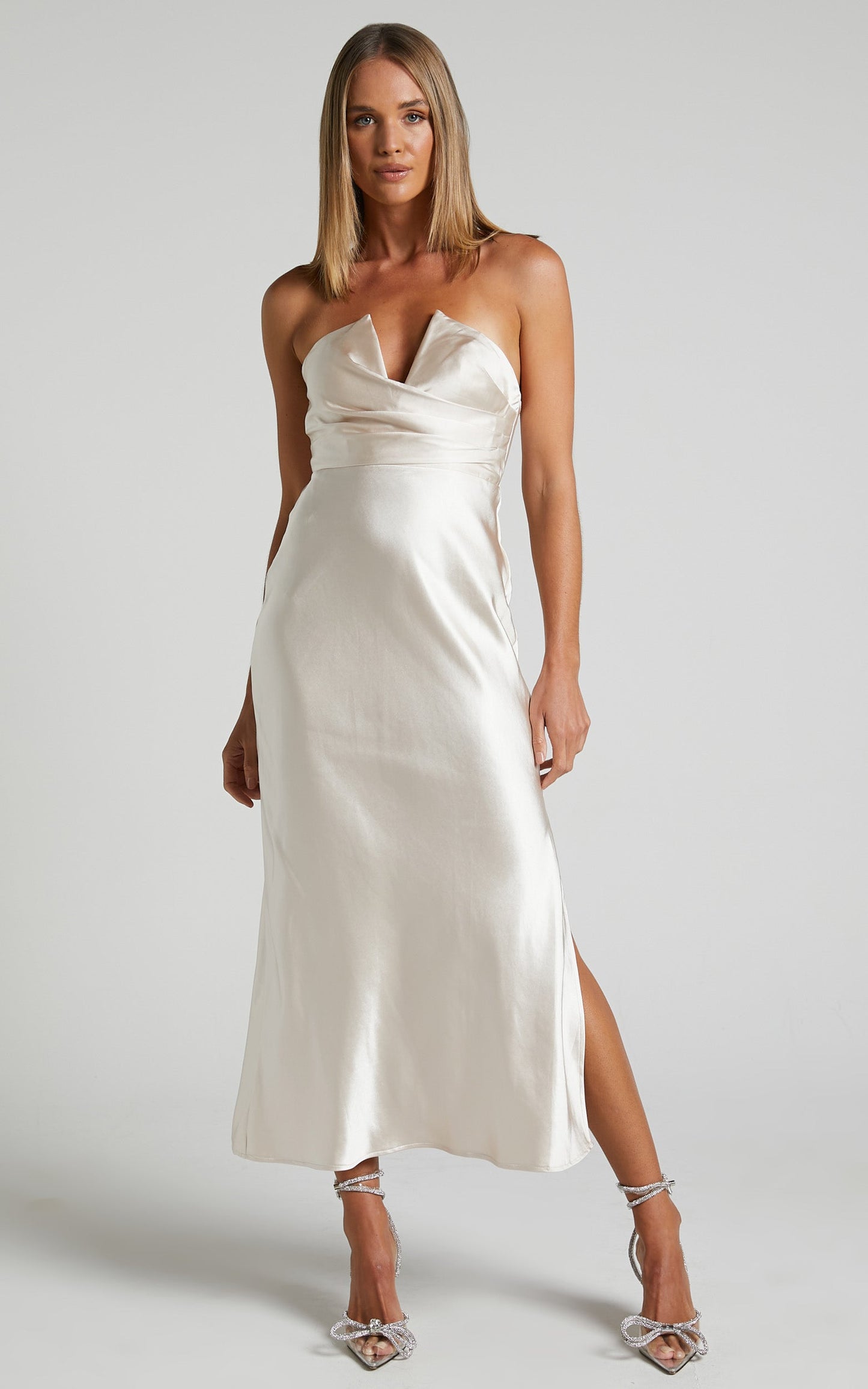Jaslynn Midi Dress - Strapless V Neck Satin Dress in Champagne