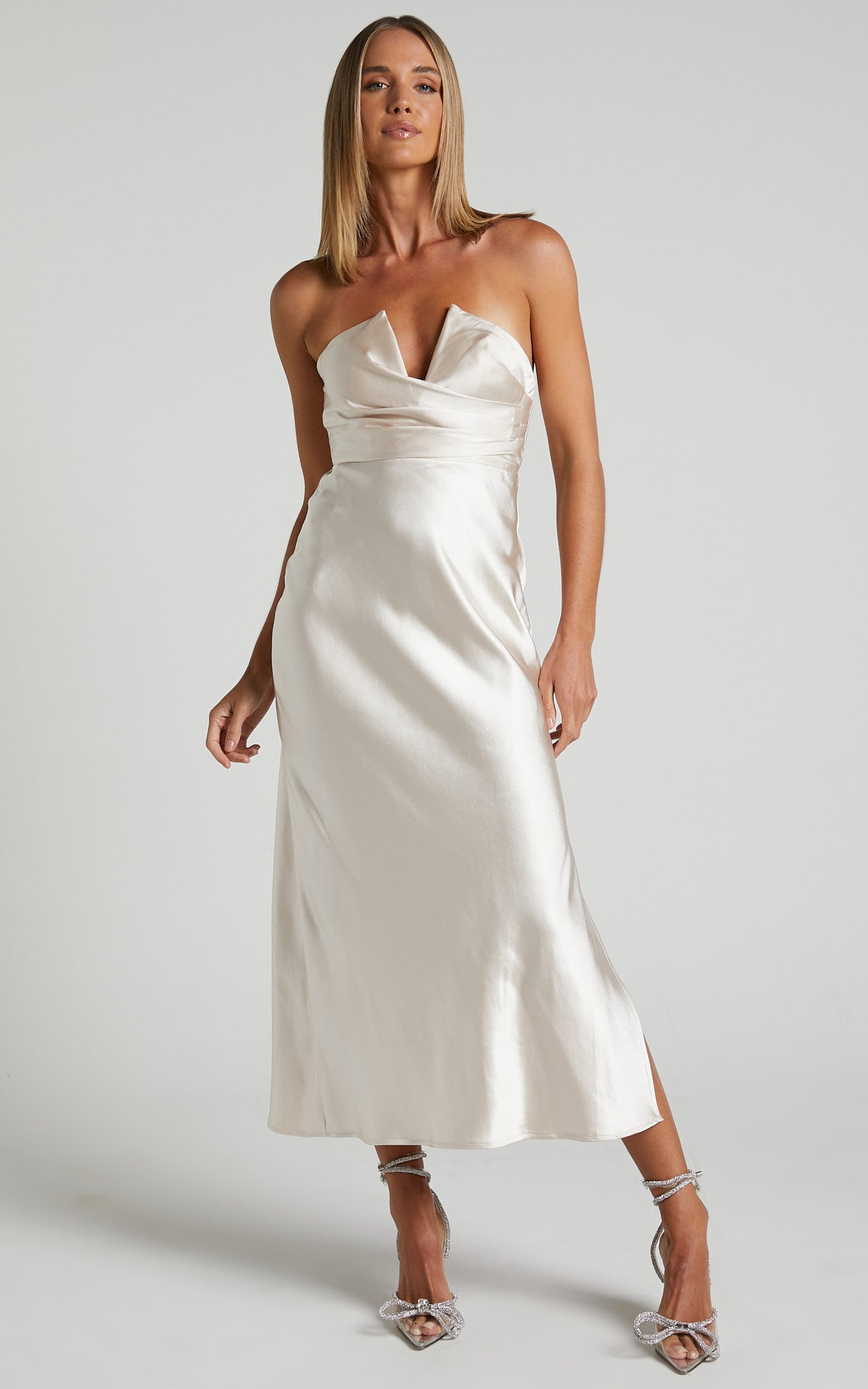 Jaslynn Midi Dress - Strapless V Neck Satin Dress in Champagne