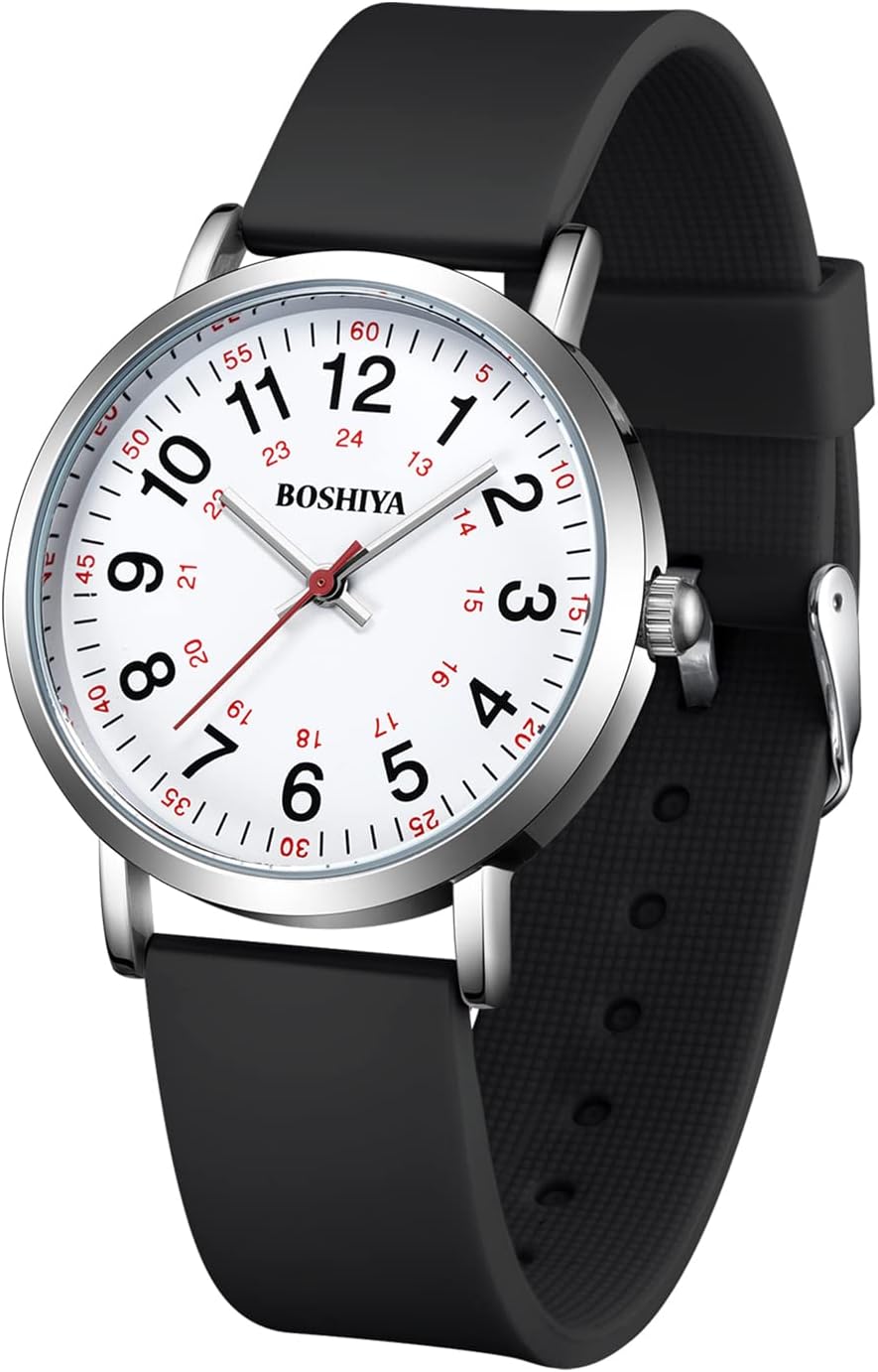 BOSHIYA Nurse Watch, Nursing Watch for Nurse, Medical Professionals and Students, Medical Watch with Second Hand for Nurses Easy to Read Waterproof 12/24 Hour Display, Silicone Band