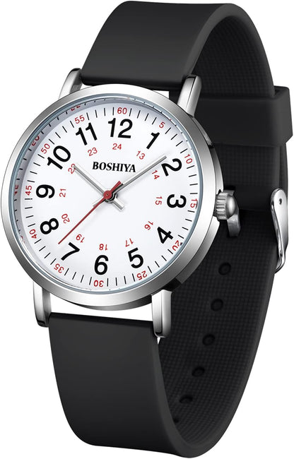 BOSHIYA Nurse Watch, Nursing Watch for Nurse, Medical Professionals and Students, Medical Watch with Second Hand for Nurses Easy to Read Waterproof 12/24 Hour Display, Silicone Band